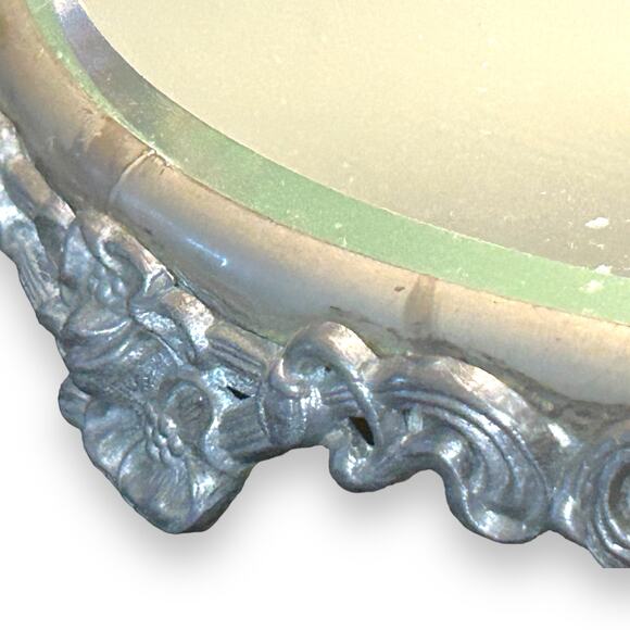 Antique Silver Footed Plateau Mirror Round 10" Beveled Vanity Stand - Picture 3 of 5